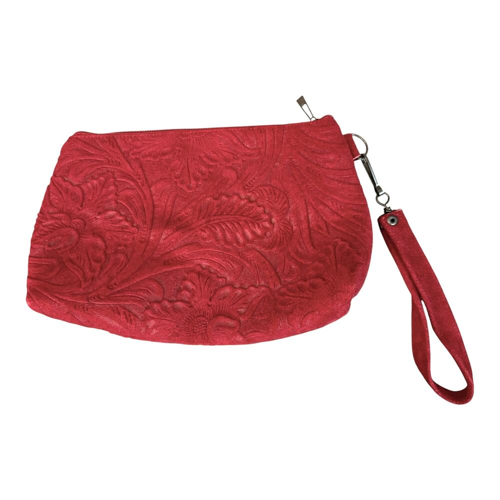Handmade Womens Genuine Suede Leather Shoulder Tote Bag with Cosmetic Purse Red - Picture 6 of 9